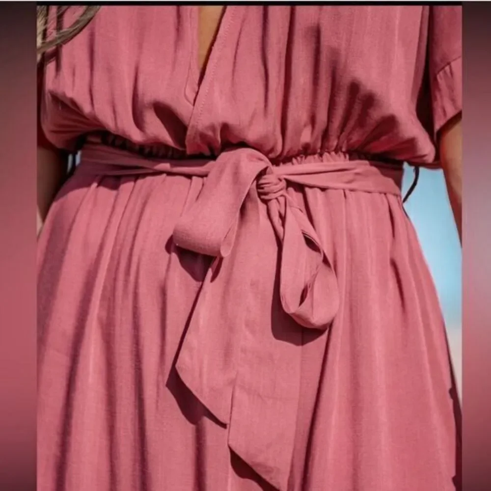 Cupshe Mauve Pink Surplice Ruched Maxi Draped‎ Wrap tie Waist Dress XL RefCPS062